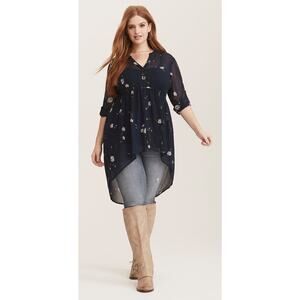 Torrid Size 2 Blue Daisy Floral Chiffon Hi Low‎ Blouse 3/4 Sleeve 2X 18/20